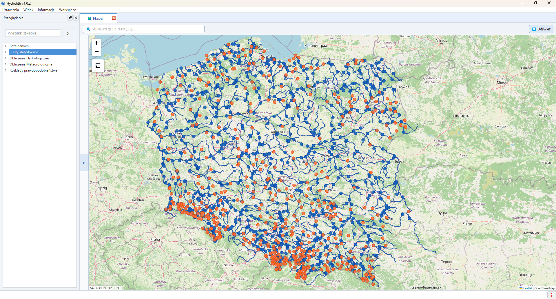 Hydrolith — interaktywna mapa stacji pomiarowych IMGW-PIB z siecią pomiarową Wkry